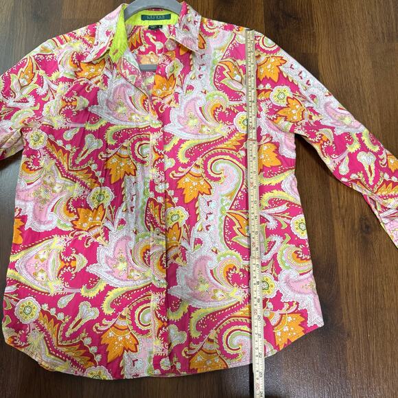 Lauren Ralph Lauren Paisley Cotton Button Up Neon Pink Green Funky Retro Sz M - Picture 3 of 7
